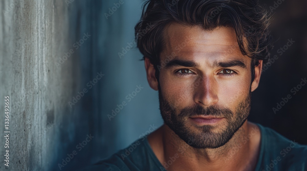 Obraz premium Handsome Man with Dark Hair and Beard Close Up Portrait