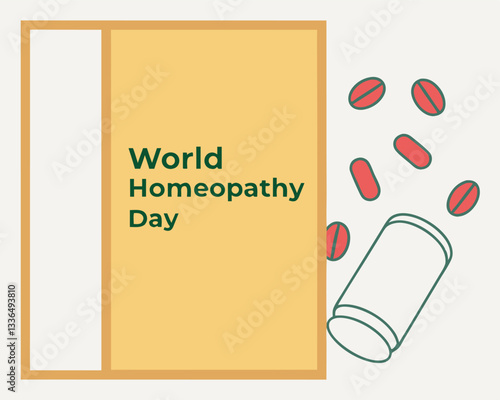 World Homeopathy Day concept: bottle with homeopathic pills spilling out to represent natural and alternative medicine awareness.