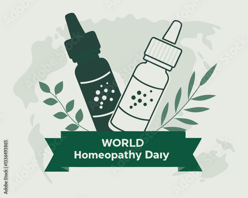 World Homeopathy Day illustration: featuring mortar, pestle, flower, leaf, and capsule for natural and alternative medicine on April 10th.