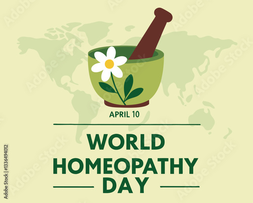 World Homeopathy Day illustration: featuring mortar, pestle, flower, leaf, and capsule for natural and alternative medicine on April 10th.