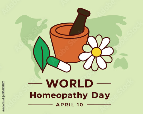 World Homeopathy Day illustration: featuring mortar, pestle, flower, leaf, and capsule for natural and alternative medicine on April 10th.