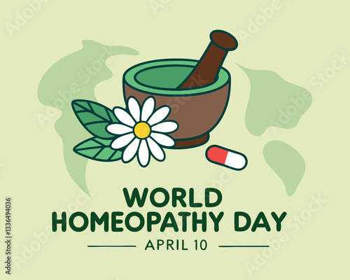 World Homeopathy Day illustration: featuring mortar, pestle, flower, leaf, and capsule for natural and alternative medicine on April 10th.