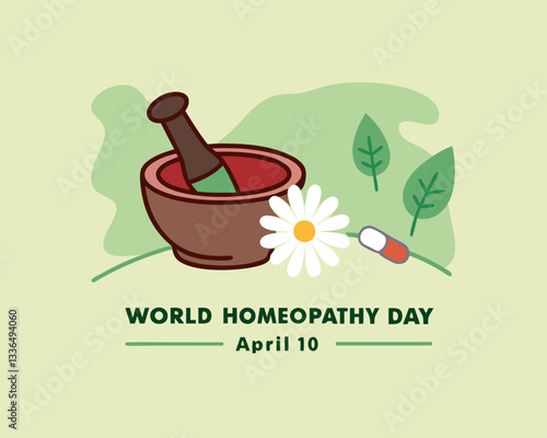 World Homeopathy Day illustration: featuring mortar, pestle, flower, leaf, and capsule for natural and alternative medicine on April 10th.