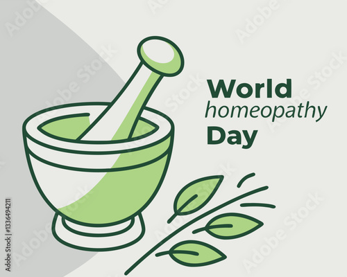 World Homeopathy Day design: simple illustration of mortar and pestle with leaves for natural medicine awareness and celebration.