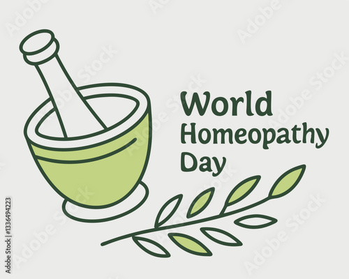 World Homeopathy Day design: simple illustration of mortar and pestle with leaves for natural medicine awareness and celebration.