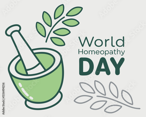 World Homeopathy Day design: simple illustration of mortar and pestle with leaves for natural medicine awareness and celebration.
