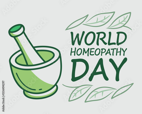 World Homeopathy Day design: simple illustration of mortar and pestle with leaves for natural medicine awareness and celebration.