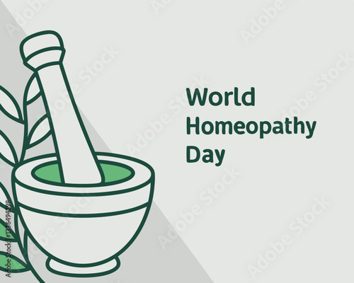 World Homeopathy Day design: simple illustration of mortar and pestle with leaves for natural medicine awareness and celebration.