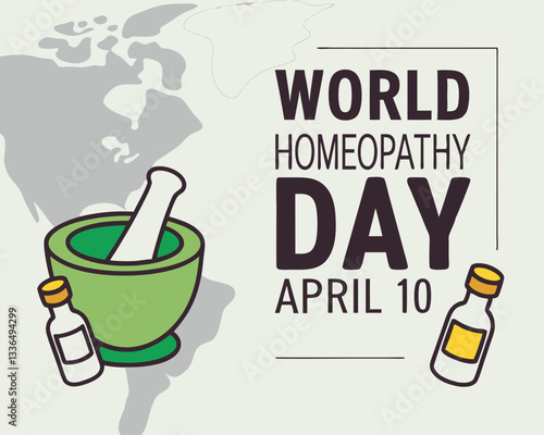 World Homeopathy Day illustration: celebrating alternative medicine and natural healing on April 10th with mortar, pestle, bottles, and world map.