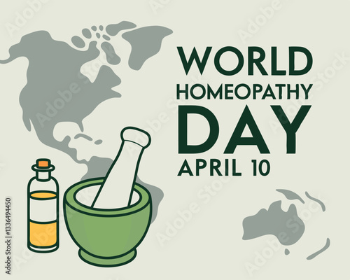 World Homeopathy Day illustration: celebrating alternative medicine and natural healing on April 10th with mortar, pestle, bottles, and world map.
