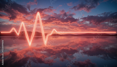 Glowing heartbeat monitor line over tranquil lake at sunset, environmental awareness