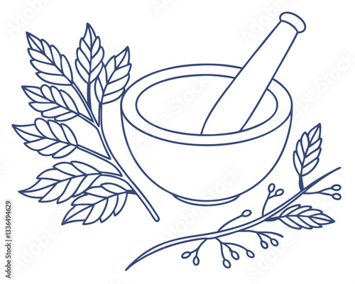 Natural medicine preparation: mortar and pestle with fresh leaves for herbal remedies and pharmaceutical ingredients. Ancient apothecary tools for wellness.