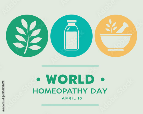 Celebrate World Homeopathy Day on April 10th with this symbolic design featuring a bottle, plant, and mortar and pestle, representing holistic wellness.