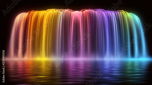 A vibrant and colorful water cascade reflecting below in the water