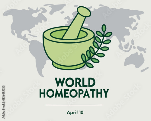 Celebrate Homeopathy Day on April 10th with this symbolic image of a mortar and pestle containing a healing plant, representing natural medicine.