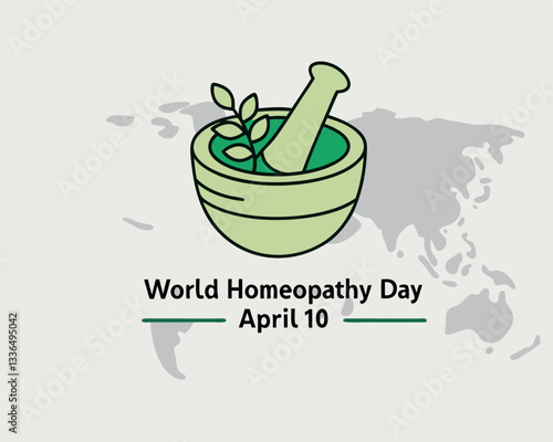 Celebrate Homeopathy Day on April 10th with this symbolic image of a mortar and pestle containing a healing plant, representing natural medicine.