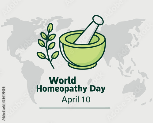 Celebrate Homeopathy Day on April 10th with this symbolic image of a mortar and pestle containing a healing plant, representing natural medicine.