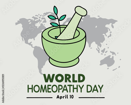 Celebrate Homeopathy Day on April 10th with this symbolic image of a mortar and pestle containing a healing plant, representing natural medicine.