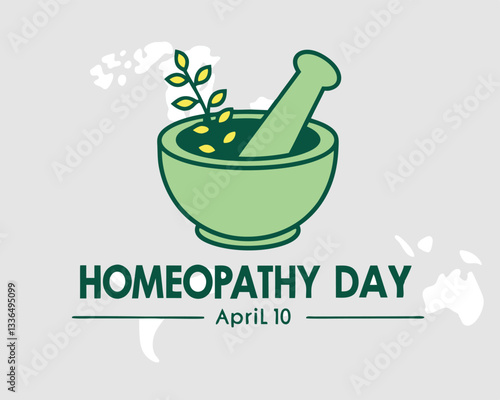 Celebrate Homeopathy Day on April 10th with this symbolic image of a mortar and pestle containing a healing plant, representing natural medicine.