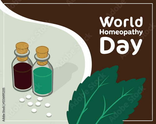 Celebrate World Homeopathy Day with this image featuring two bottles of homeopathic globules, green leaves, and a dark background, promoting natural health.