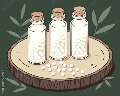 Three glass bottles with corks filled with homeopathic globules on a wooden slice, with green leaves, representing natural alternative medicine.