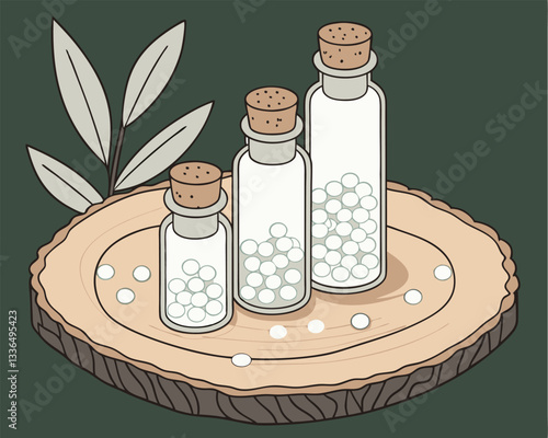 Three glass bottles with corks filled with homeopathic globules on a wooden slice, with green leaves, representing natural alternative medicine.