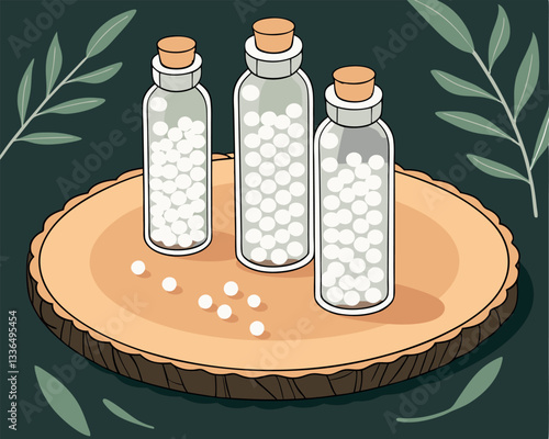 Three glass bottles with corks filled with homeopathic globules on a wooden slice, with green leaves, representing natural alternative medicine.