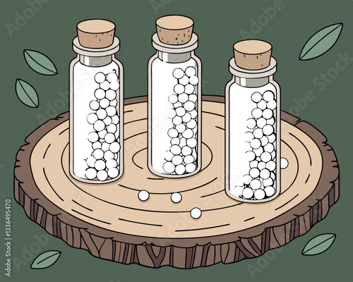 Three glass bottles with corks filled with homeopathic globules on a wooden slice, with green leaves, representing natural alternative medicine.