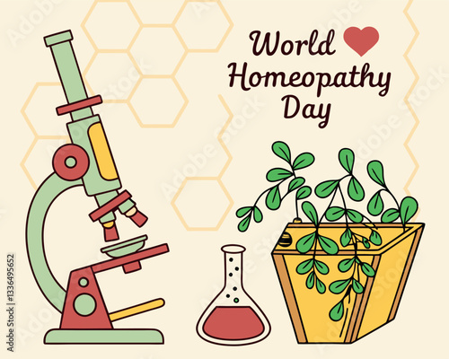 Celebrating World Homeopathy Day with symbolic imagery of a microscope, flask, and healing plant, highlighting natural health and wellness.