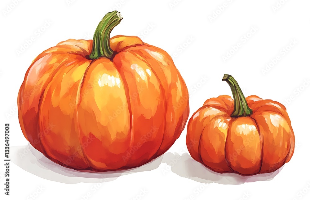 Fototapeta premium Pumpkins, both large and small, isolated on a white background.