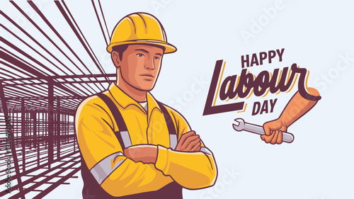A confident construction worker in a yellow uniform stands proudly against a backdrop of a building under construction