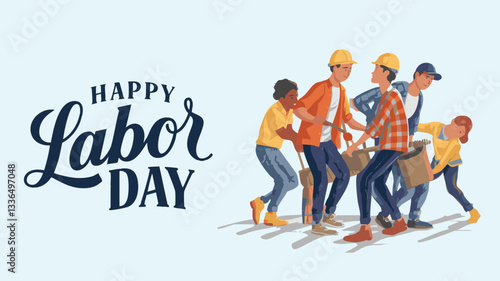 A vibrant illustration depicting a group of diverse workers, possibly construction or maintenance staff, collaborating to complete a task