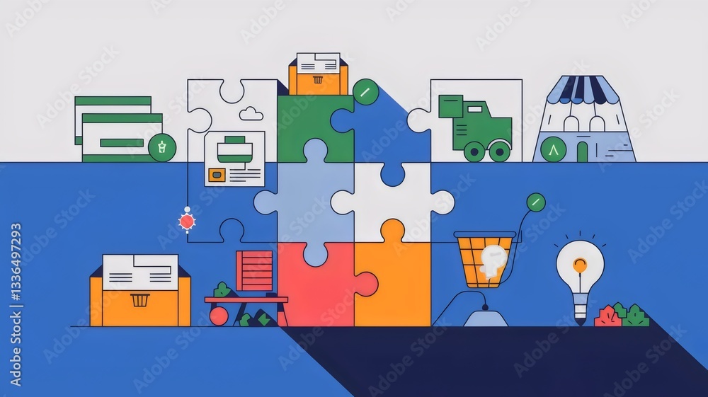 Commerce ecosystem illustration with interlocking puzzle pieces representing payment, delivery, and marketing on a gradient background Commerce ecosystem illustration with interlocking puzzle pieces representing payment, delivery, and marketing on a gradient background