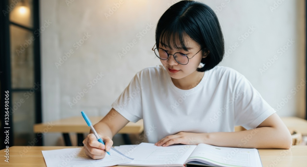 Asian female teen studying with open books and taking notes at table Asian female teen studying with open books and taking notes at table