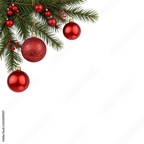 Christmas Tree Branch with Red Baubles on White Background