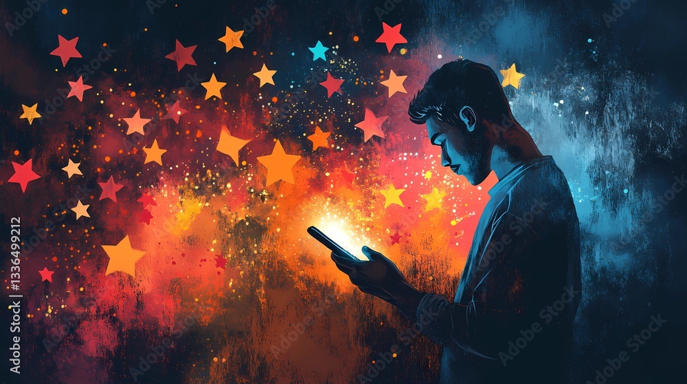 A man using a mobile phone with abstract stars signifies service evaluation, digital reputation, and business rating in a sleek book illustration style. A man using a mobile phone with abstract stars signifies service evaluation, digital reputation, and business rating in a sleek book illustration style.