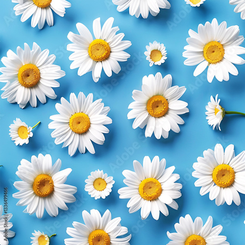 Background of chamomile flowers on a blue background, flat lay style, generation ai