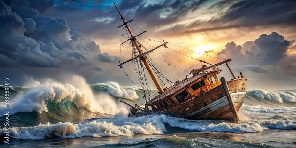 Obraz premium A weathered wooden sailboat, battered by powerful ocean waves during a dramatic sunset, embodies resilience and the untamed power of nature.