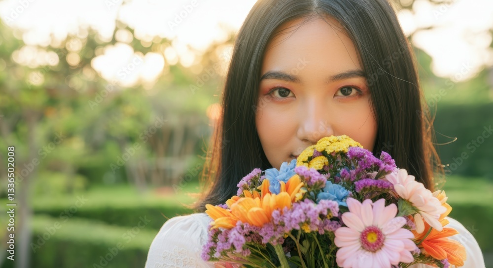 Young asian female holding colorful flowers in garden setting Young asian female holding colorful flowers in garden setting
