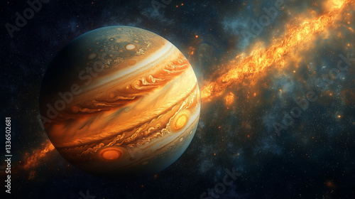 Jupiter planet glowing in space with cosmic background  