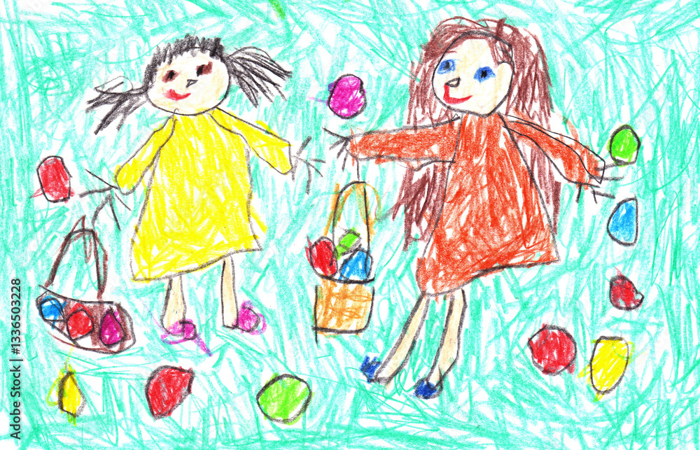 Easter egg hunt. Two girls with baskets, Easter eggs. Easter greeting card in kid's drawing style, scribbles. Colored pencils drawing. Spring season. Lovely illustration. Easter egg hunt. Two girls with baskets, Easter eggs. Easter greeting card in kid's drawing style, scribbles. Colored pencils drawing. Spring season. Lovely illustration.