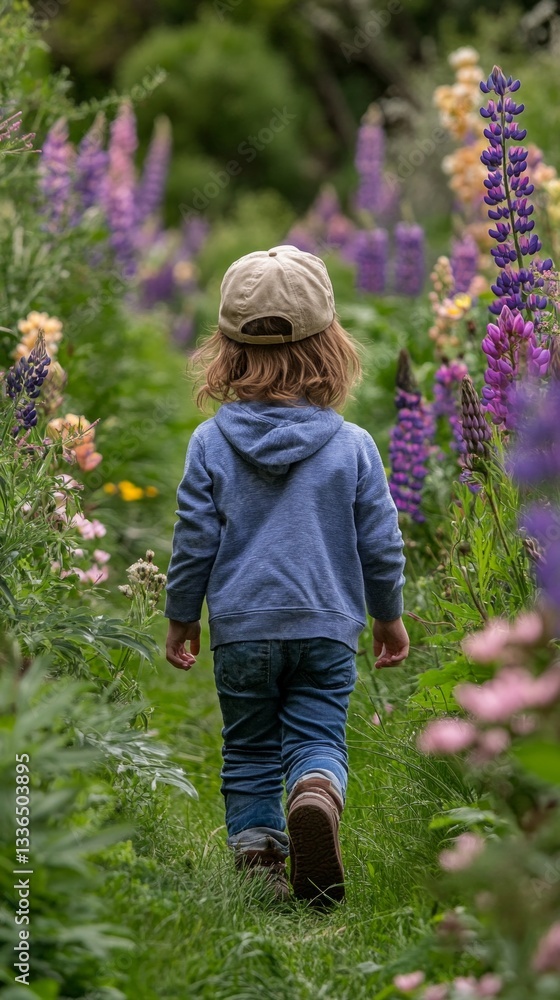 Child in cap and sweater walking through a blooming garden, perfect for children's blogs, clothing ads or articles about nature and family outings. Child in cap and sweater walking through a blooming garden, perfect for children's blogs, clothing ads or articles about nature and family outings.