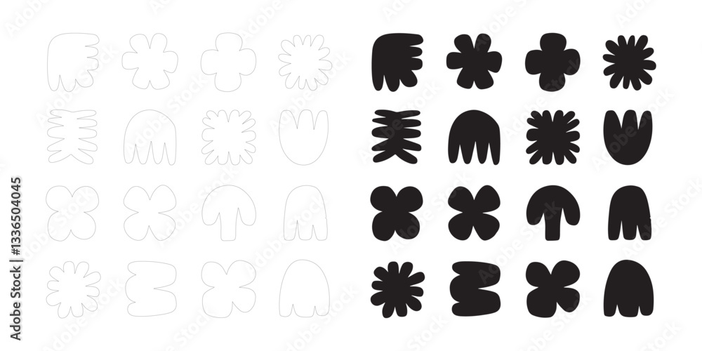 Fototapeta premium Abstract Shapes in Black and White icons set. Editable vector minimalist fill and outline icon.
