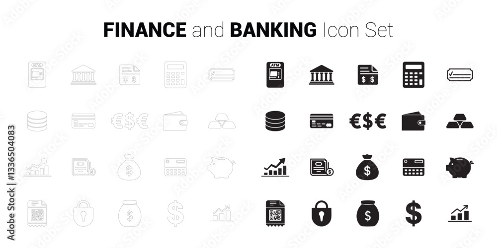 Finance and Banking Icon Set. Editable vector minimalist fill and outline icon. Finance and Banking Icon Set. Editable vector minimalist fill and outline icon.