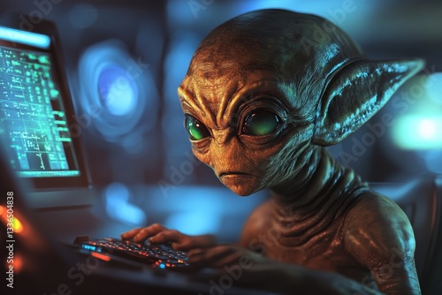 Alien Using a Computer Keyboard with Green Eyes