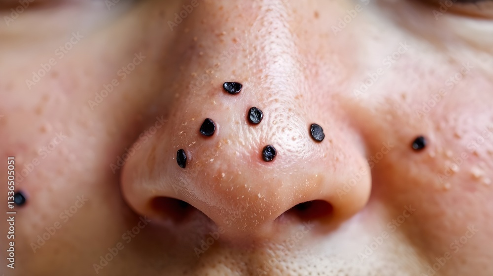 Naklejka premium Closeup Shot of Blackheads and Nose Mole with Black Spot on Nose Isolated on White Background, Skin Imperfections Detail