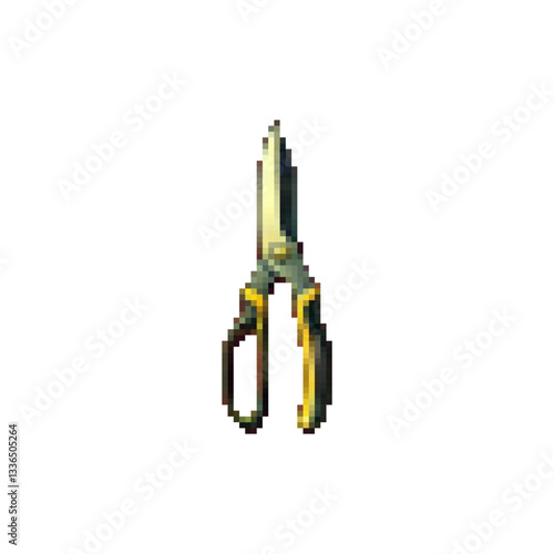 Garden scissors tool icon. Tree pruner vector. Pixel garden scissors for pruning plants. Sharp blades of scissors icon. Garden equipment nippers vector. Vector icon style 80s.