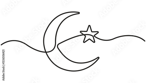 Moon with star single line art, continuous one line drawing of Isolated outline vector art