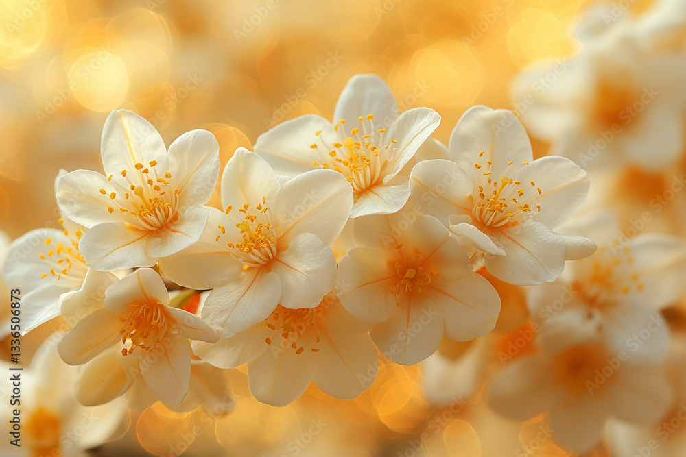 Star Jasmine in Golden Light: A Luminous Scene of White Flowers Star Jasmine in Golden Light: A Luminous Scene of White Flowers