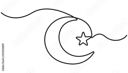 Moon with star single line art, continuous one line drawing of Isolated outline vector art